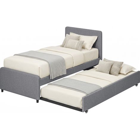 HOMCOM 90 x 190 cm Upholstered Single Bed, Pull Out Trundle Bed, Dark Grey (1/5)