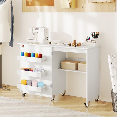 COSTWAY Folding Sewing Table Rolling Craft Station Storage Shelf 3 Hidden Bins Mobile Desk White (1/5)