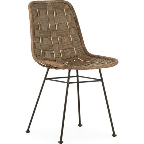 Chaise en osier tressé et métal noir - Gris lavé, naturel et noir (1/5)