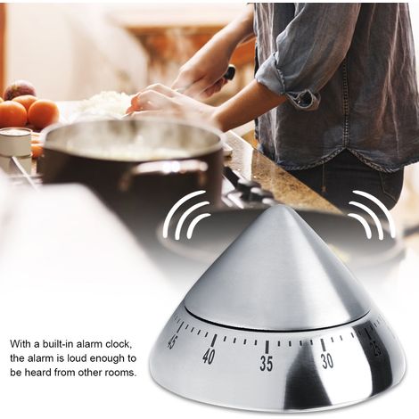 Mechanischer Küchentimer aus silberfarbenem Edelstahl mit 60-Minuten-Countdown – ein praktisches und stilvolles Küchenutensil. (1/5)
