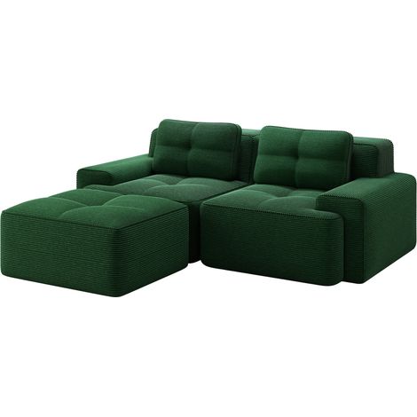 Divano modulare L verde in tessuto a coste con pouf, seduta profonda, 2 posti, stile moderno (1/5)