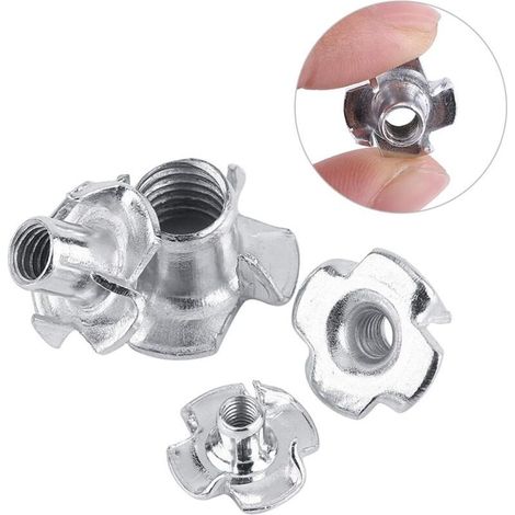 Écrous en T à 4 griffes en acier zingué pour bois – M6, lot de 50 pièces (1/5)