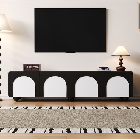 Meuble TV 180 cm avec 2 tiroirs, 2 portes et passe-câbles, noir et blanc, pour appartement et hôtel (1/5)