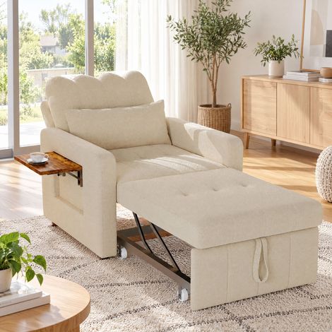 Fauteuil Convertible Lit 3 en 1 tissu chenille Beige, Canapé-lit 1 place,Table d'Appoint Pliante,Poche de Rangement,Dossier Réglable (1/5)