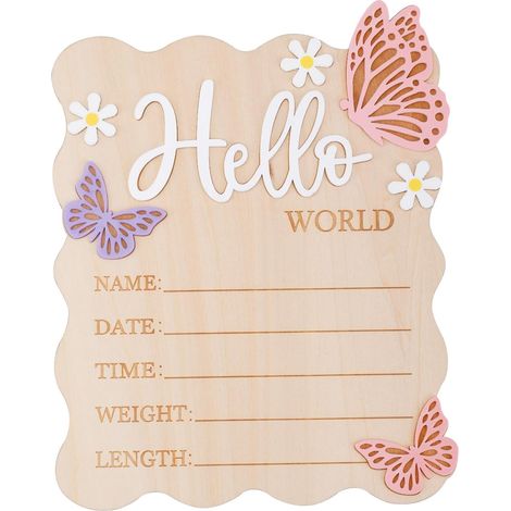 Panneau d'Annonce de Naissance en Bois avec Motif Papillon et Marguerite, Bonjour le Monde Décoration de Bienvenue pour Nouveau-Né Accessoire Photo pour Chambre d'Enfant ou d'Hôpital (1/5)