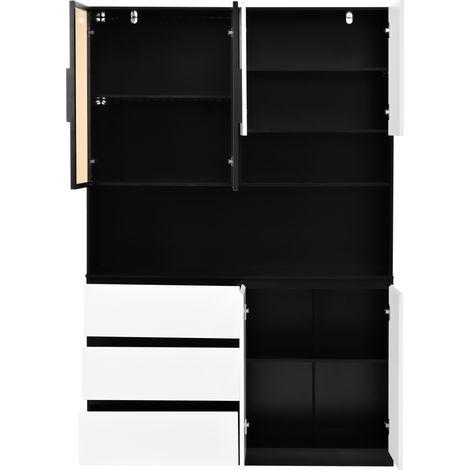 Aparador de cocina LED 120,5x40x180 cm, 3 cajones, 6 puertas, blanco y negro MODENUIT (1/5)