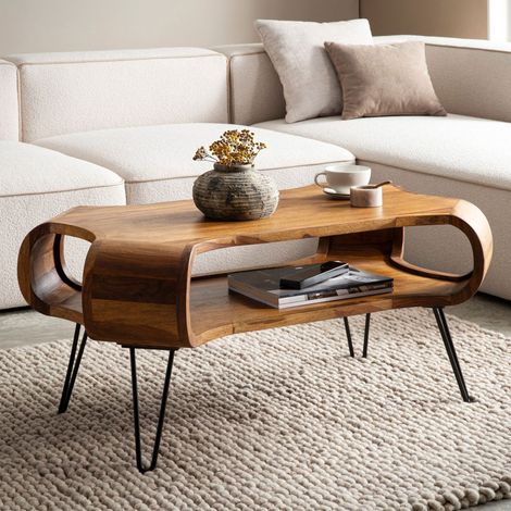 Table basse 100x60x47 cm en bois massif et métal naturel et noir