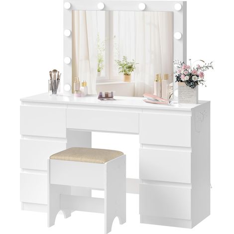 WOLTU Tavolo da toeletta con illuminazione LED e Cassetti 2 Prese, sgabello, Bianco