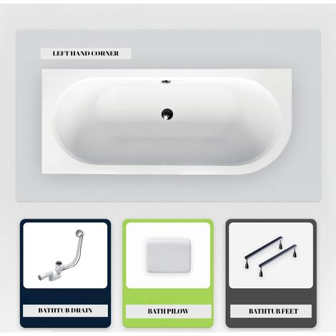 Asymmetrische Badewanne - 180 x 80 cm - Links - ohne Verkleidung - mit Füßen - Kopfstütze - Ablaufgarnitur Chrom - AVITA (1/5)