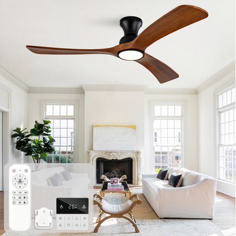 Ventilateur de plafond 132 cm, avec lumière LED, télécommande et commande murale, réversible, 6 vitesses, noir et bois foncé