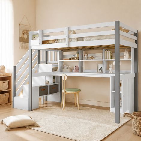 DESMIU Lit mezzanine 1 place avec bureau, rangements, escalier latéral et étagère 90 × 200 cm, sans matelas (1/5)