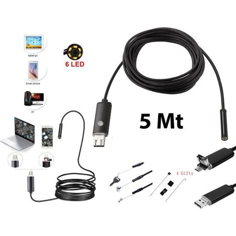 TELECAMERA ENDOSCOPICA 6 LED TUBO FLESSIBILE USB 5 MT IMPERMEABILE ISPEZIONE