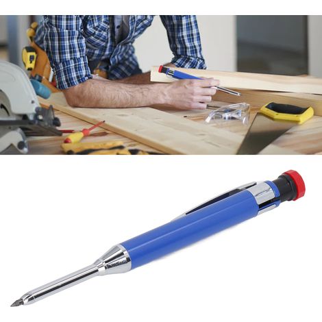 Mechanischer Zimmermannsbleistift, 1 robuster Bleistift mit integriertem Anspitzer + 12 Minen, lange und tiefe Mine, ideal für Holzbearbeitung und Bauwesen, blau (1/5)