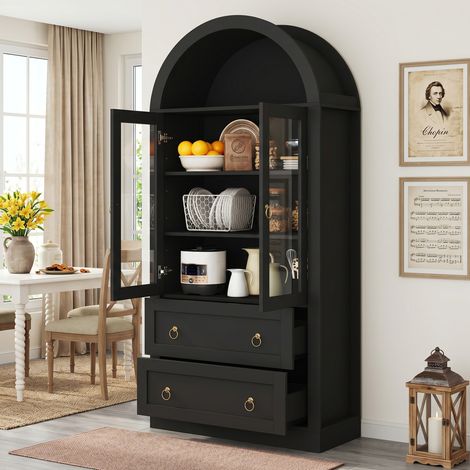 Buffet haute 80x36x170 cm avec portes vitrées et tiroirs, meuble de rangement pour cuisine et salon, design élégant, panneau de particules, noir (1/5)