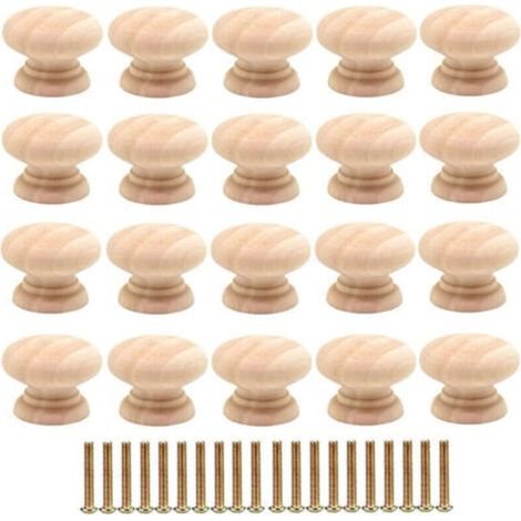 Lot de 20 boutons de tiroir ronds 35mm en bois massif –Poignées pour armoires avec vis –Finition lisse et sans bavure