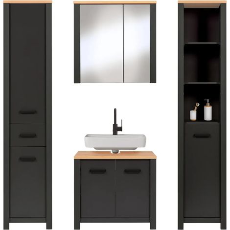 Mobile Bagno 154 cm 2 Colonne Pensile con Specchio Antracite Rovere (1/5)
