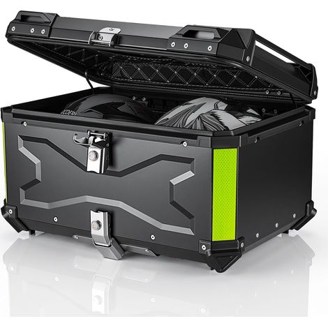 Case Universel pour Moto 65L, avec Dossier et Serrure de Sécurité, Coffre de Rangement pour Casque de Moto Étanche, Aluminium, Support de Fixation Universel (Noir) (1/5)