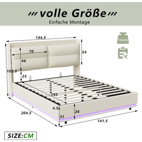 Pergar – Lit coffre 140x200 avec sommier – Tissu velours beige – Dossier moelleux – Recharge sans fil avec ports USB et Type-C – LED réglable