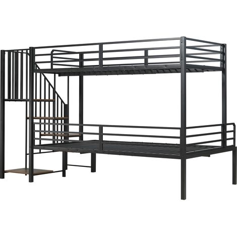 Litera de metal y MDF negro con escalera de esquina y almacenamiento, 90x200 cm / 120x200 cm (1/5)