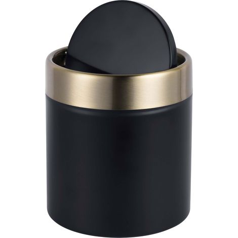 Relaxdays Tischmülleimer, mini, Kosmetikeimer Bad, Küche & Büro, 1,5 L, Schwingdeckel, Abfalleimer, Metall, schwarz/gold (1/5)