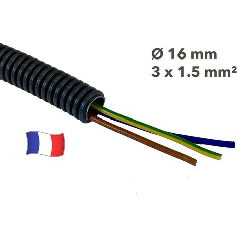 Gaine électrique préfilée 35 mètres diam 16 avec 3 fils Bleu, Vert/Jaune, Marron 1.5 mm² - PREFA ELEC (1/2)