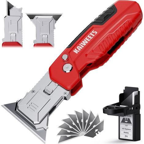 Utility knife, 2-in-1 folding box cutter with blade storage, heavy zinc alloy body, retractable design, 12 SK2 black replacement blades, EDC tool for home and office