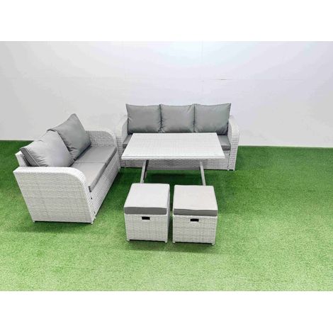 Fimous Outdoor PE Rattan Garden Furniture Set Rectangular Dining Table Sofa Set with 2 Small Stool Light Grey (1/4)