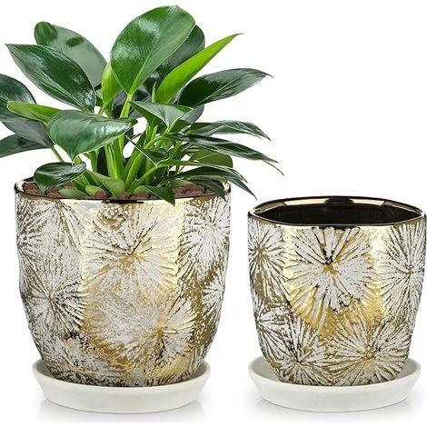 Set de 2 pots à fleurs avec trou de drainage en céramique dorée pots à fleurs rustiques pour la décoration moderne et pot décoratif en céramique intérieur extérieur (1/5)