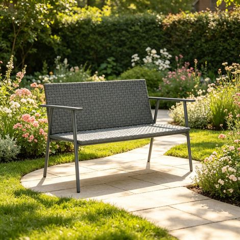 Banc de jardin 2 places en résine tressée et acier, avec coussin, dossier et pieds réglables, assise confortable pour terrasse ou extérieur. (1/5)