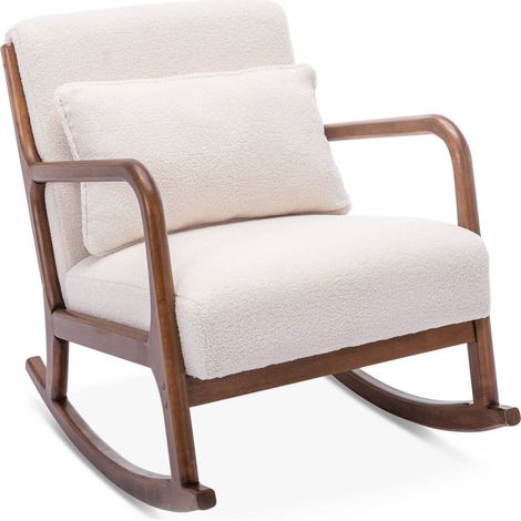 Fauteuil à bascule design en bois et tissu. bouclettes blanches. structure hévéa teinté noyer foncé (1/5)