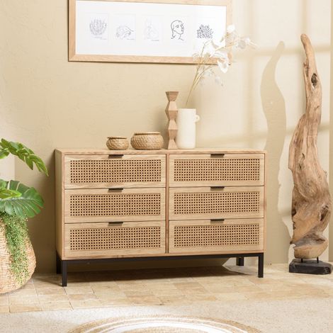 MARCEAU - Commode en bois 6 tiroirs cannage naturel pieds métal noir (1/5)