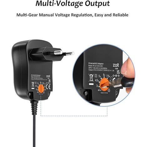 Adaptateur Secteur Universel AC DC 3V 4.5V 5V 6V 7.5V 9V 12V Transformateur d'alimentation à Découpage avec 8 Connecteurs DC pour électroniques Ménagers, Max. (1/3)