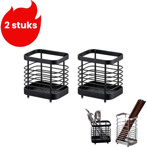 2 porte-couverts en acier inoxydable, porte-baguettes épais, boîte de rangement pour couverts, égouttoir de cuisine compact, noir (1/5)
