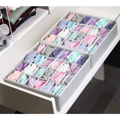Lot de deux boîtes de rangement pour vêtements et chaussettes, 24 séparateurs de tiroirs, gris (1/4)