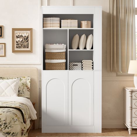 Armario multifunción alto blanco con estantes abiertos y 2 puertas, 85 x 35 x 180 cm, OKWISH