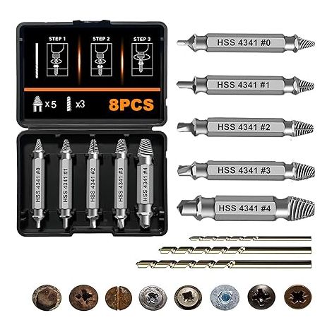 5 Pièces Extracteur Vis avec 3 Forets, Vis Autoforeuse Metal HSS 4341, Tourne Gauche Extracteur Endommagées, pour Endommagées Boulon (1/5)