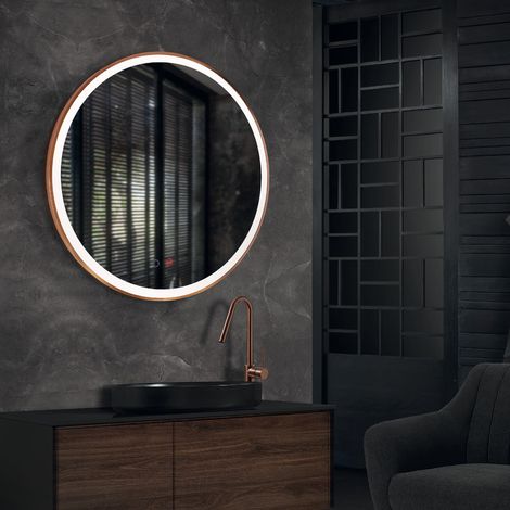 Espejo con luz led para baño, dormitorio, vestidor - luz frontal triled (luz cálida, neutra y fría) doble sensor antovaho Ø80 cm oro rosa cepillado (1/5)