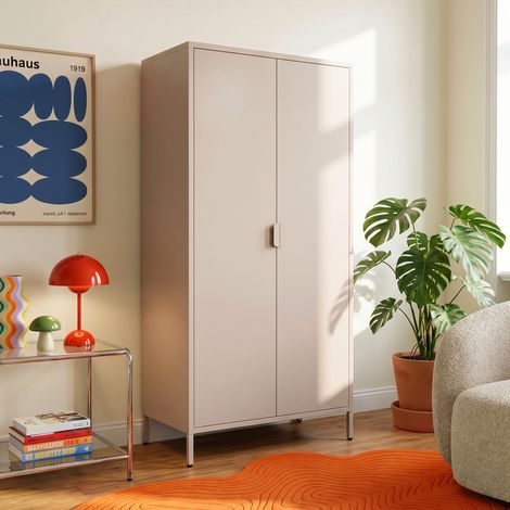 Armoire industrielle en métal H.170cm 2 portes, 4 étagères, 2 penderies beige - THEA (1/5)