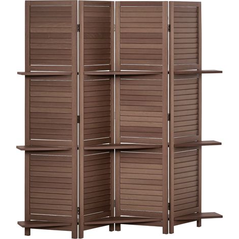 HOMCOM biombo plegable de 4 paneles de madera, 162x170 cm, biombo separador de ambientes con 3 estantes, diseño de persianas, nogal