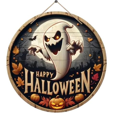 Halloween Geist Türschild Deko aus Holz, Happy Halloween, Willkommensschild Fröhliches Halloween Eingangstür (1/5)