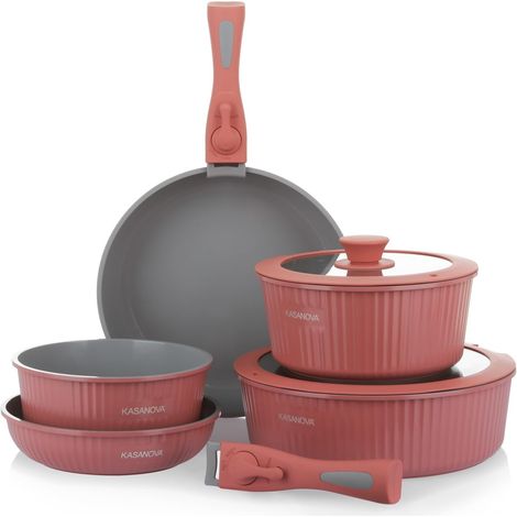 Batterie de cuisine 9 pièces Eaziclip, Set de casseroles induction avec revêtement céramique et poignées amovibles pour utilisation au four, Batterie antiadhésive avec couvercles (Rose) (1/5)