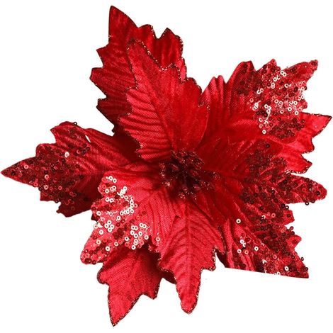 Fleur Artificielle Poinsettia - Décoration Arbre De Noël Fête Mariage - Rouge Brillant - 1 Pièce (1/5)
