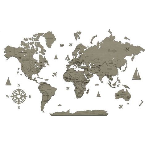 Mapa del mundo 3D de madera gris claro - Patrón XVIII con bordes y nombres de países 90x56 cm (1/5)