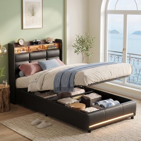 Lit Coffre 90x200 cm avec LED et Prise USB - Tête de Lit Rangement en Simili Cuir Noir, Lit 1 place, Sommier (1/5)