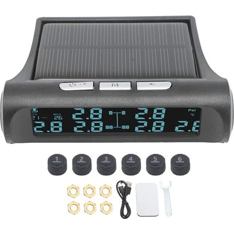 cran LCD TPMS à énergie solaire sans fil Système de surveillance de la pression des pneus à 6 capteurs Moniteur étanche IP68 pour remorque RV Van SUV Pick-up Bus (1/4)