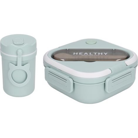 Boîte à lunch minimaliste, mignonne et portable, étanche, avec gobelet, baguettes et cuillère, idéale pour les étudiants et le travail (vert). (1/5)