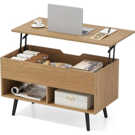 Table Basse Relevable, Table de Salon avec Rangement Caché, Compartiments Ouverts, Levage Pneumatique, pour Salon, Bureau, Chambre(Naturel) (1/5)