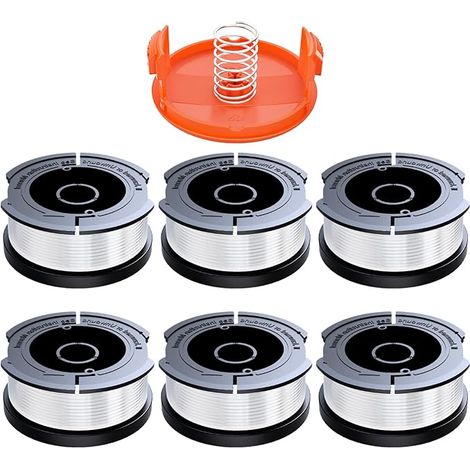 Juego de 6 carretes de hilo para desbrozadora compatibles con Black & Decker, 1,65 mm de diámetro con 10 m de hilo, contiene 6 carretes de repuesto, 1 tapa de carrete de repuesto y 1 resorte de repues (1/5)