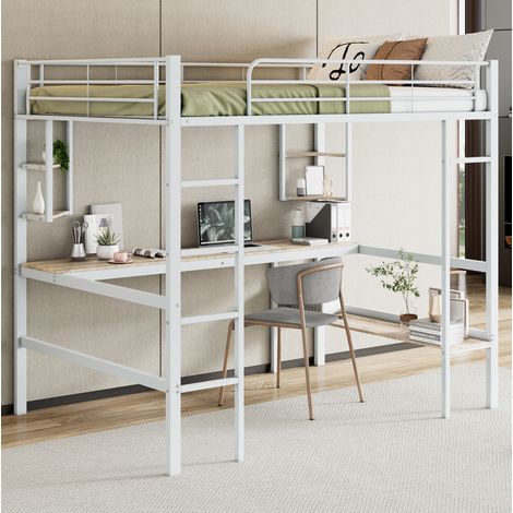 Hochbett Metall Weiß 140x200 cm mit Schreibtisch, Regalen und Bücherregal (1/5)