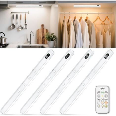 Luce per armadio con sensore di movimento e telecomando, 3 colori dimmerabili, wireless, ricaricabile tramite USB-C, indicatore del livello della batteria, per cucina, scale, corridoio, bianca (1/4)